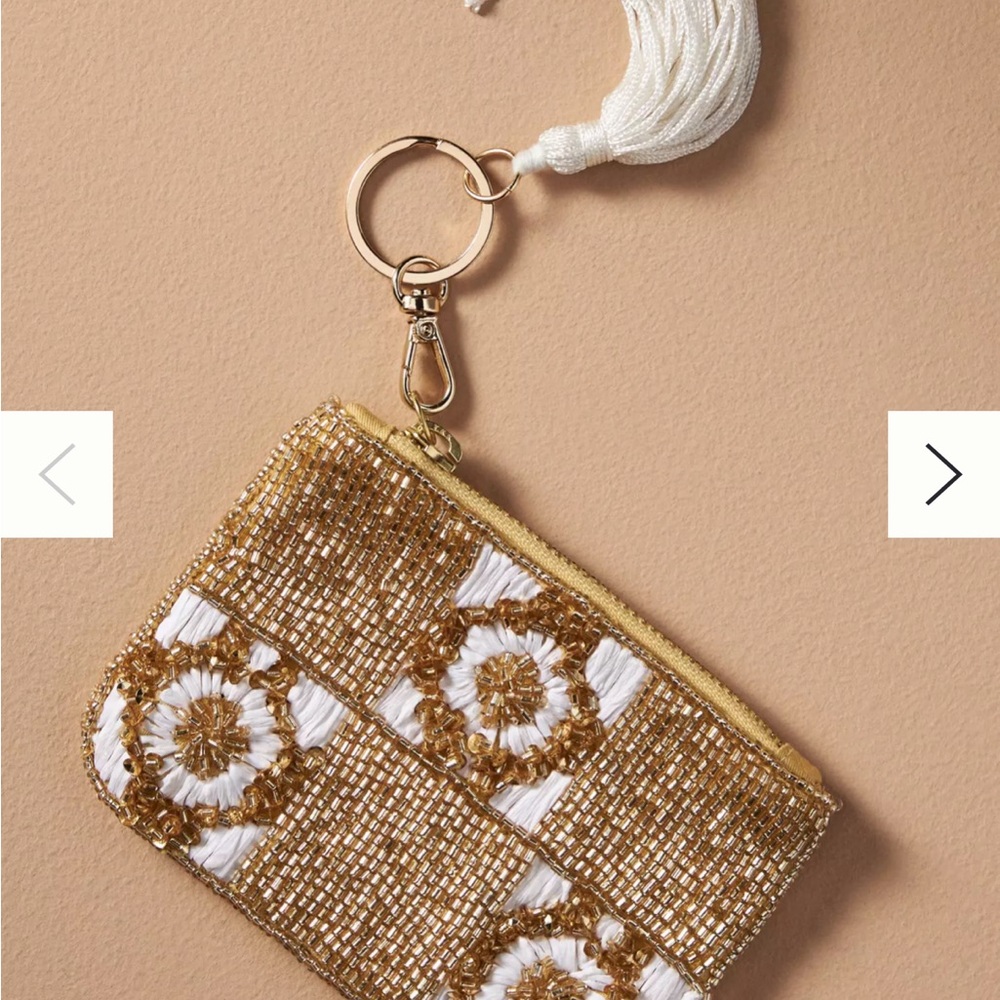 ANTHROPOLOGIE Elegant Gold and White Beaded Coin Purse with Keychain